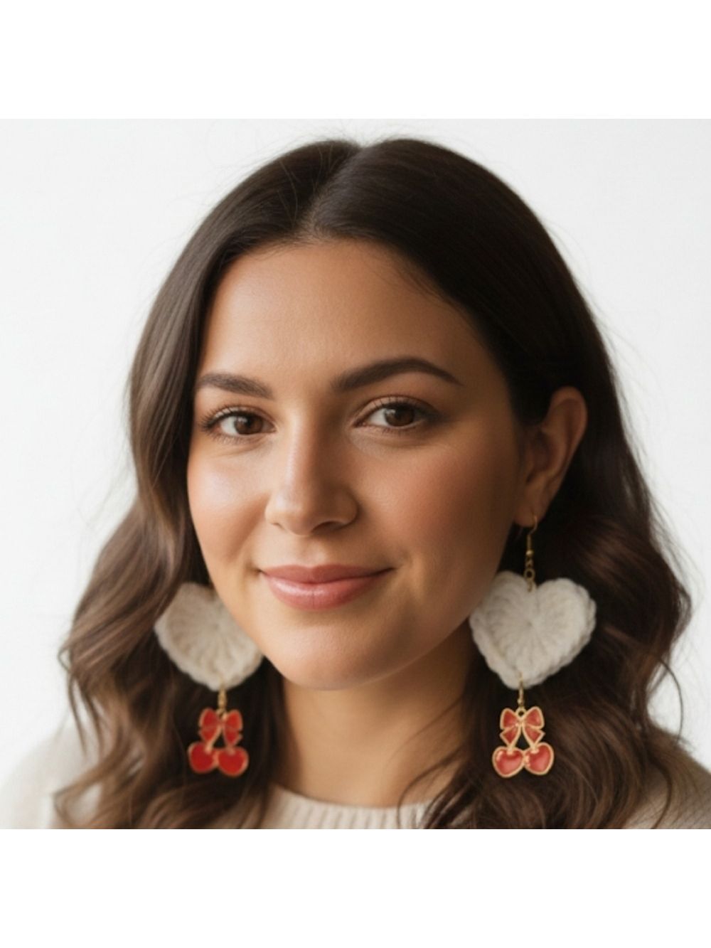 Handmade Artisan Elegant Red Cherry Earrings White Crochet Heart Red Bow - Picture 2 of 6